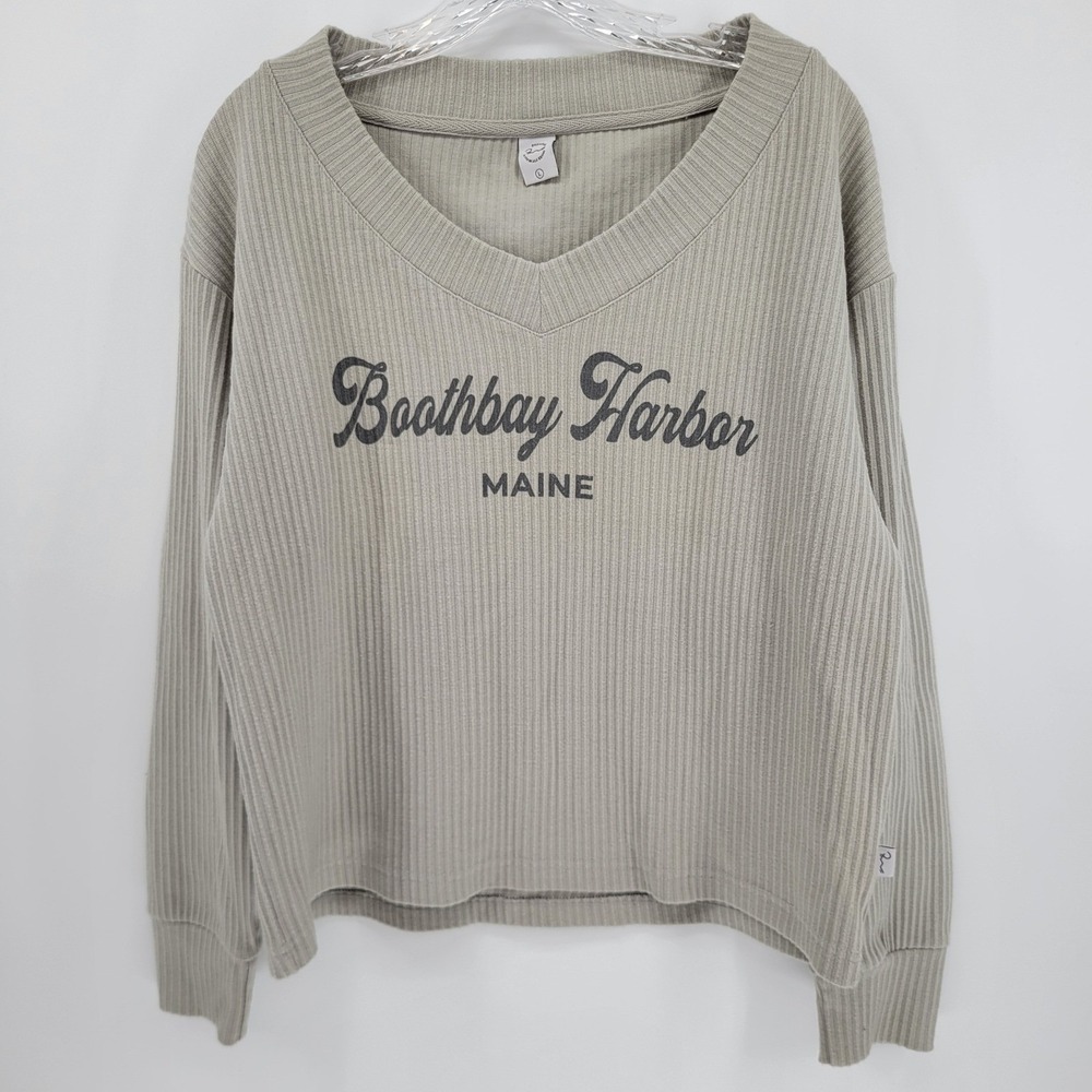 Ragwear Boothbay Harbor Maine Ribbed V-Neck Sweatshirt Khaki Gray Large
